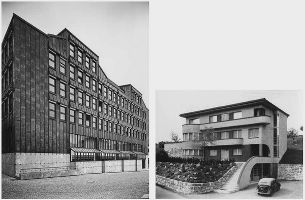 Links: Die 1980 bis 1984 von Architekt Ernst Gisel erbaute Appenzell Ausserrhodische Kantonalbank am Obstmarkt in Herisau überzeugt bis heute. Rechts: Der Entwurf für das 1937 erbaute, markante Einfamilienhaus Juchler in der Lustmühle stammt von Architekt Ernst Sommerlad.