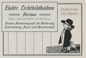 Inserat für den ersten fest installierten Kinematographen im Restaurant Drei Könige in Herisau, aus der Schreibmappe der Buchdruckerei Schläpfer und Cie., Herisau 1911. (Staatsarchiv)