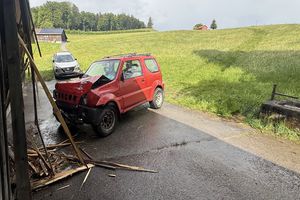 Totalschaden am Geländefahrzeug nach führerloser Fahrt über die abfallende Wiese.