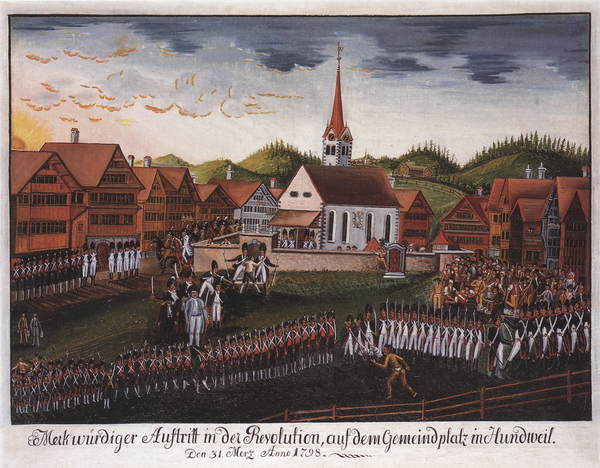 Strafexpedition einer Militäreinheit auf dem Platz von Hundwil 1798, Original im Besitz der Gemeinde Hundwil 