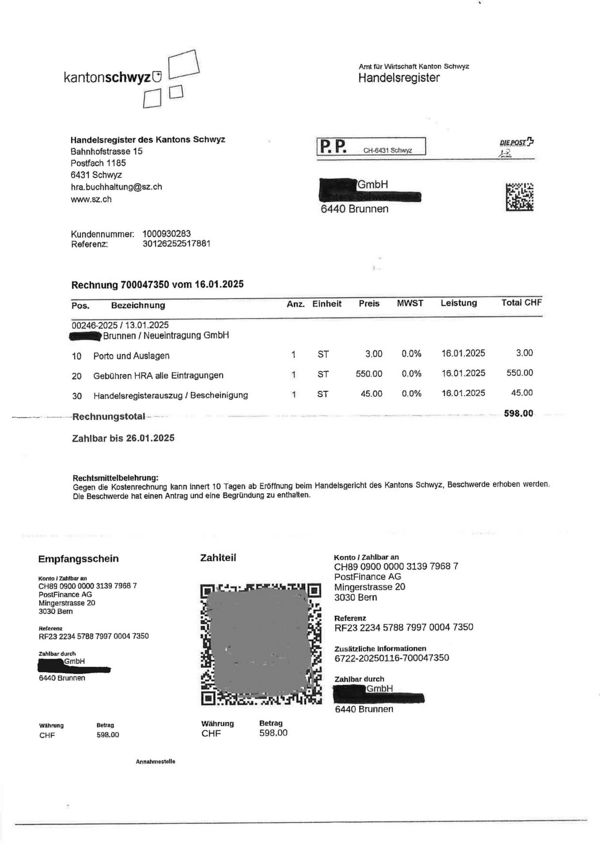 Beispiel gefälschte Rechnung aus dem Kanton Schwyz