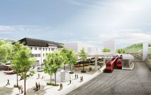 Visualisierung des neuen Bahnhof-Areals Herisau gemäss dem jetzigen Stand der Planungen von der Brücke der Bahnhofstrasse aus gegen Osten.
